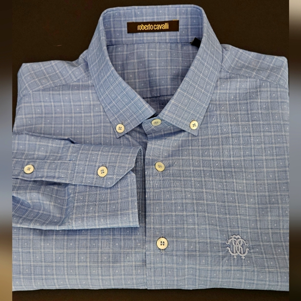 Roberto Cavalli Mens Blue White Size 43/17 Long Sleeve Button-Down Shirt